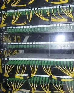 Terminated single-mode fiber patch panel with green APC connectors installed by IP Care at Al Jeel Tower