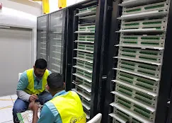 IP Care team patching and labeling optical distribution frames at Paragon Mall