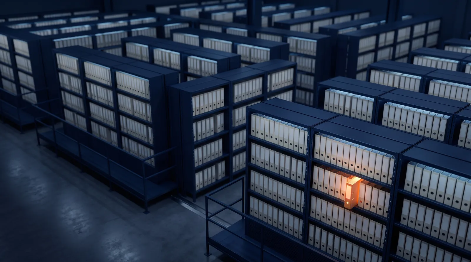 Archive shelving grid of document folders with one flagged by an orange expiry alert tab