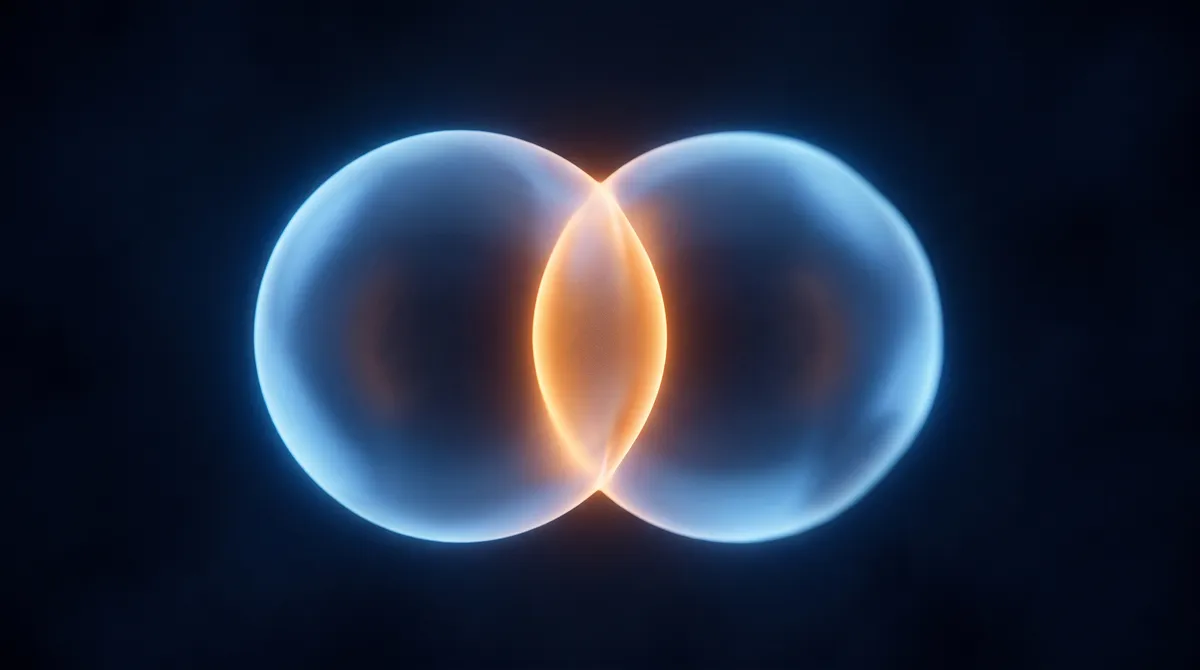 Close-up of two glowing bubble shapes overlapping in warm orange light