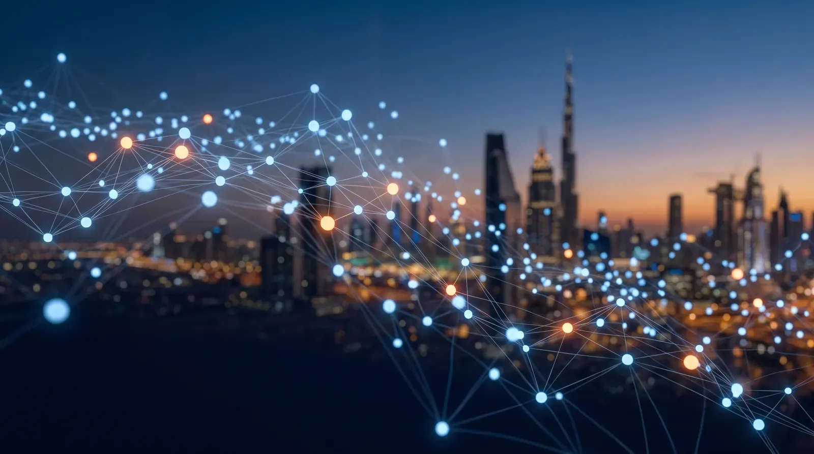 Glowing neural network formation with Dubai's skyline faintly visible at dusk