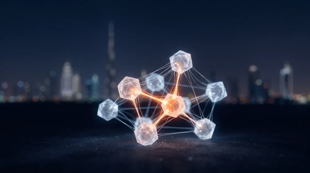 Close-up of glowing connected nodes with Dubai's tower skyline softly visible behind them