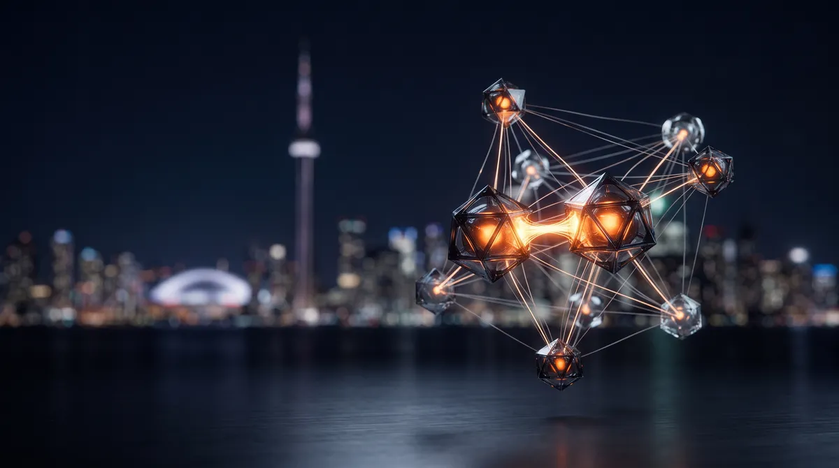 Close-up of glowing connected nodes with Toronto's skyline softly visible behind them