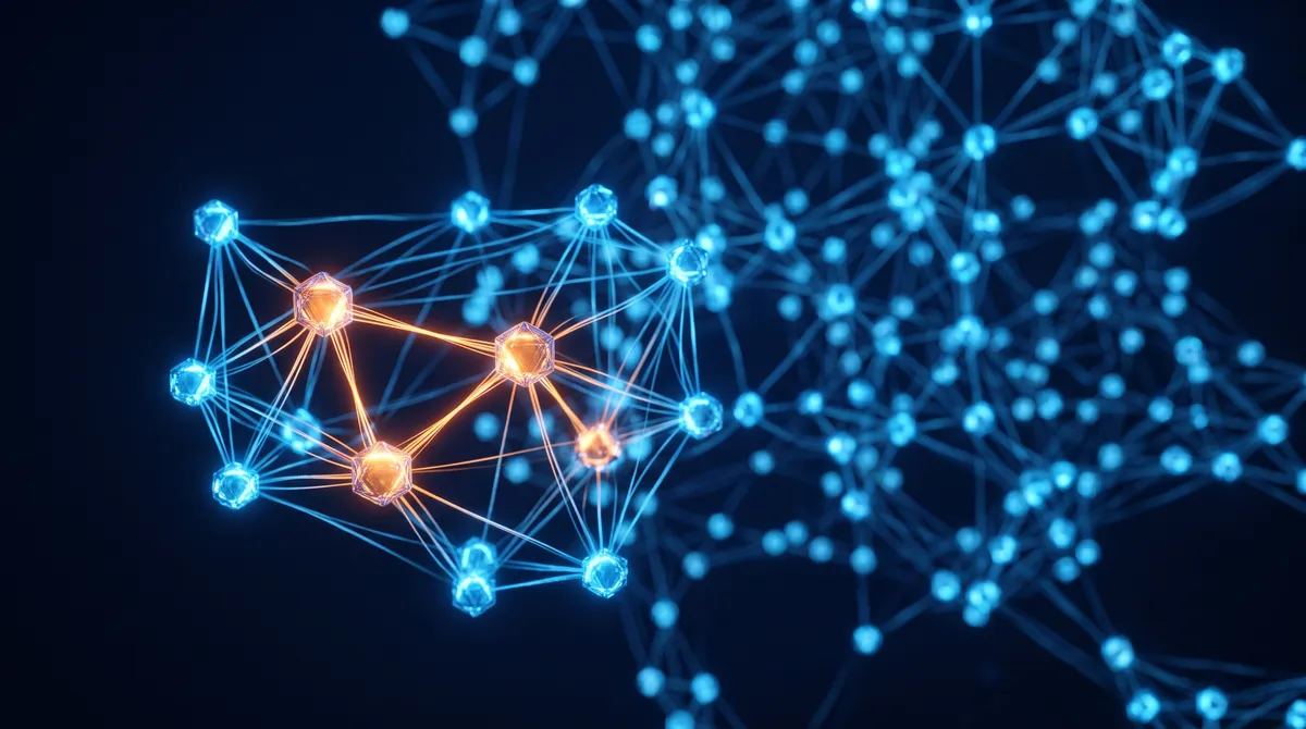 Close-up of glowing connected nodes suggesting an AI network