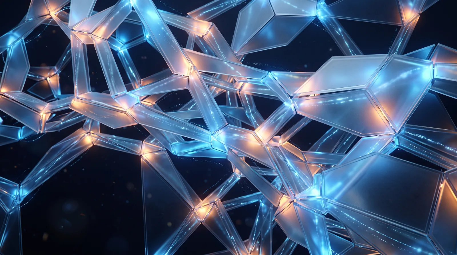 Abstract interlocking translucent panels suggesting connected systems