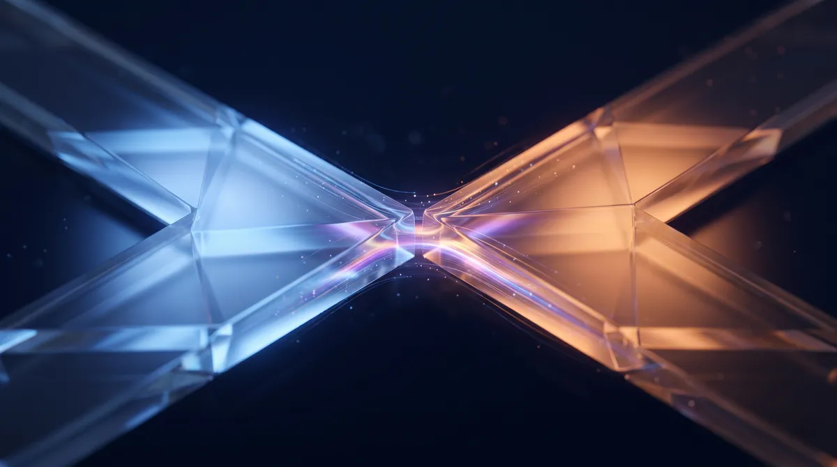Close-up of two translucent panels meeting at a glowing connection point