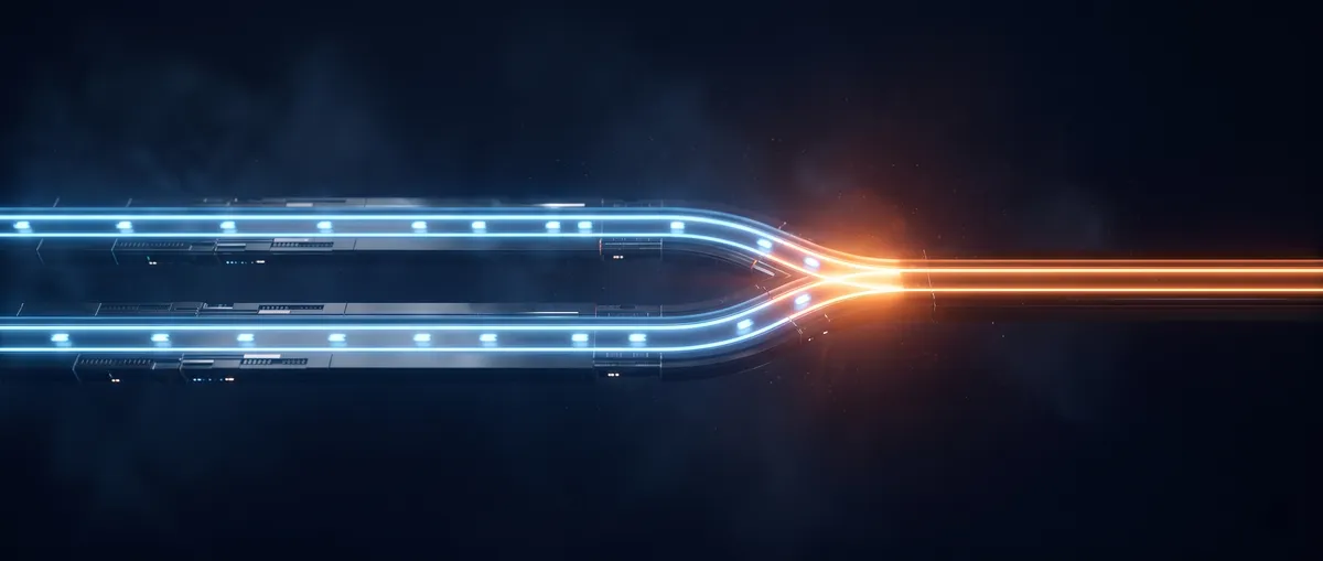Close-up of two glowing light streams merging at an orange connection point