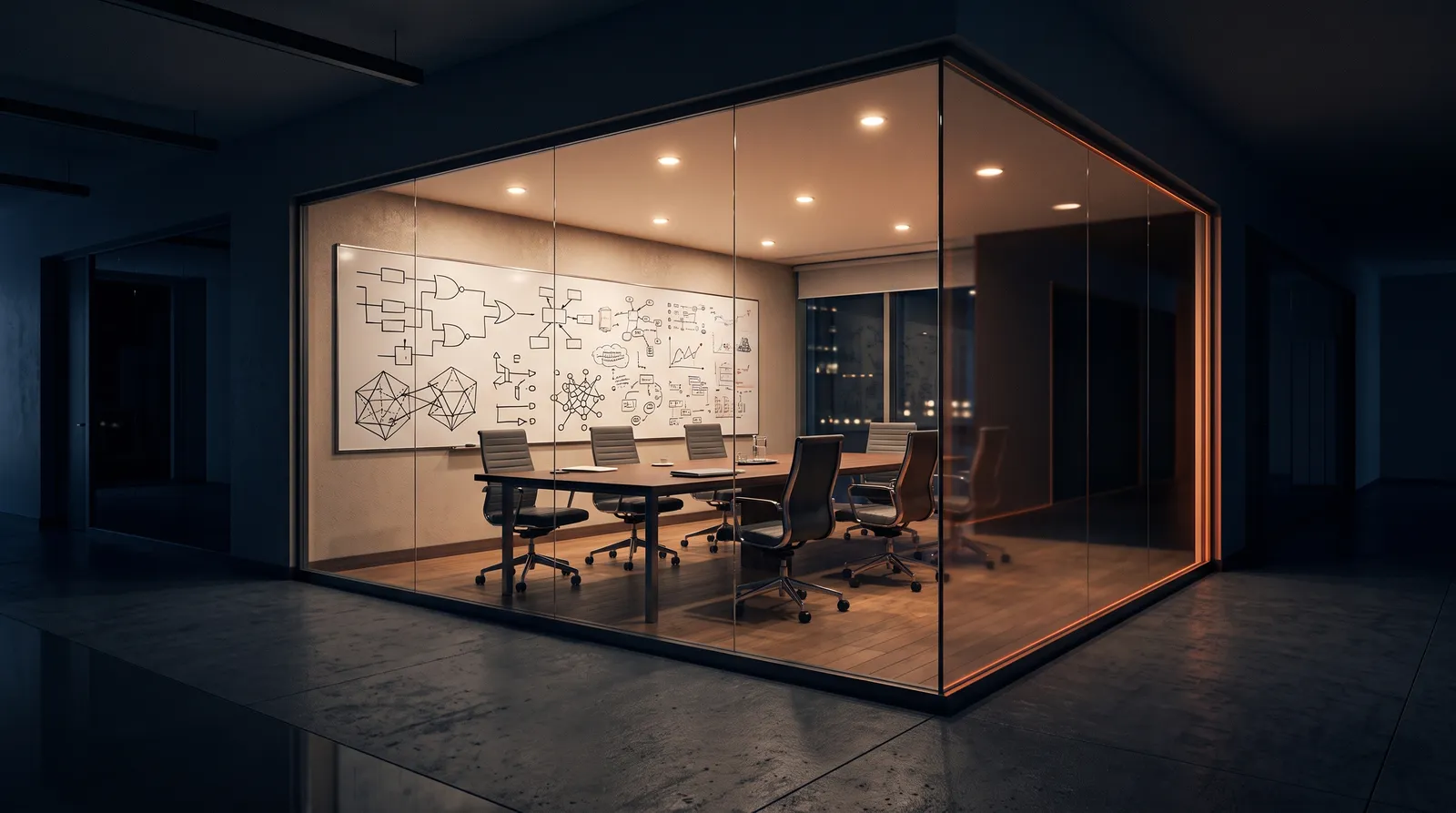 Glass-walled meeting room with a whiteboard showing an abstract system diagram