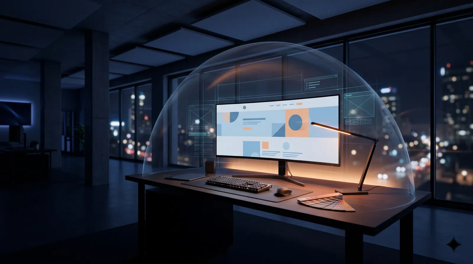 Dark contemporary web design studio with a large monitor showing an abstract website layout in blue and orange, floating wireframe panels and city-night windows in the background