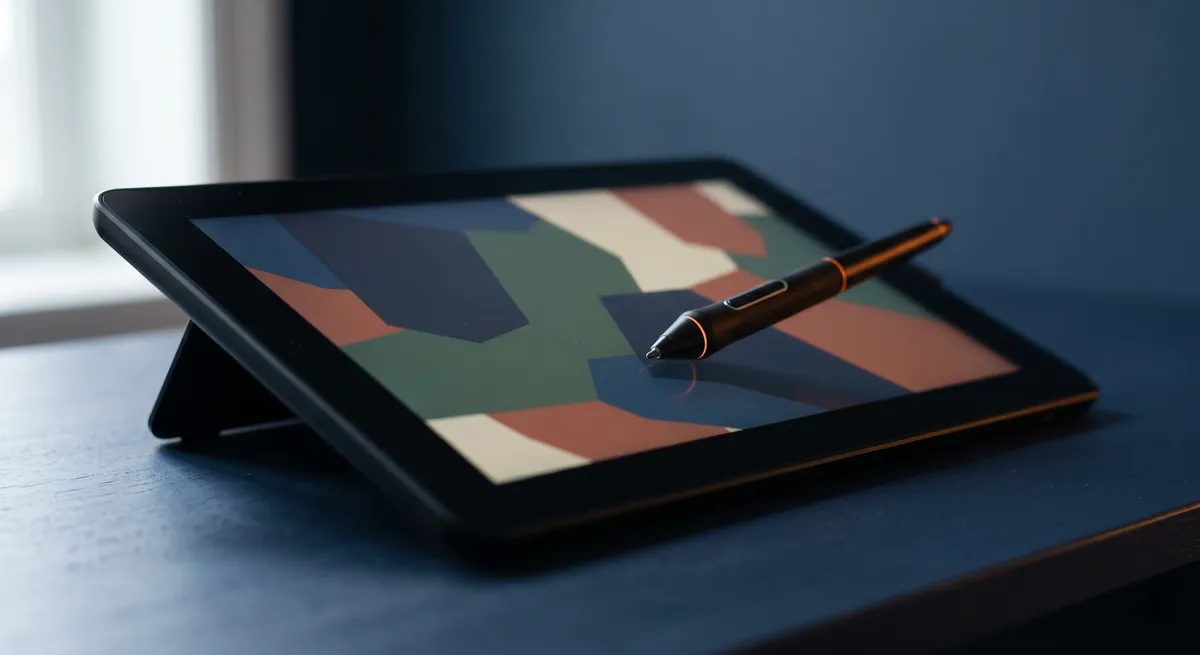 Tablet propped on a dark navy surface displaying a responsive website layout with colour swatches beside it