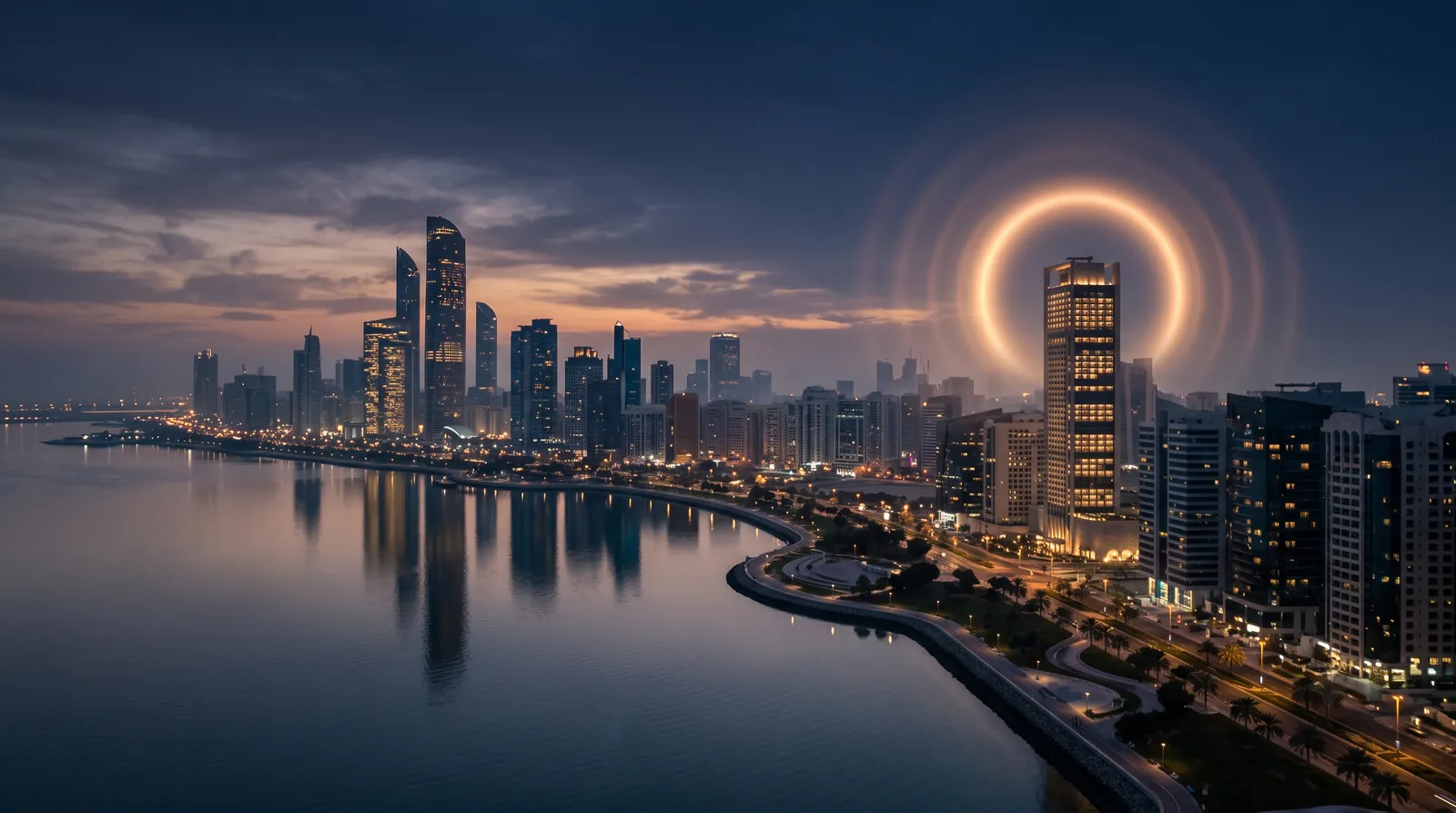 Abu Dhabi coastal skyline at dusk with a soft orange broadcast-ring glow behind one tower