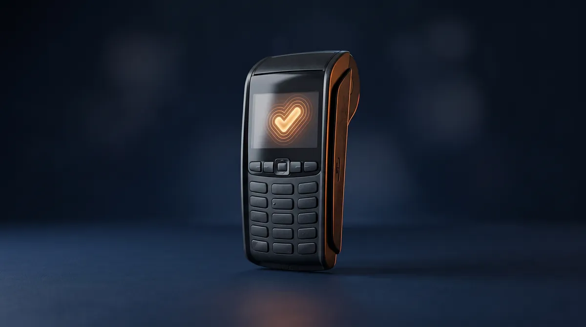 Card-payment terminal standing on a navy surface