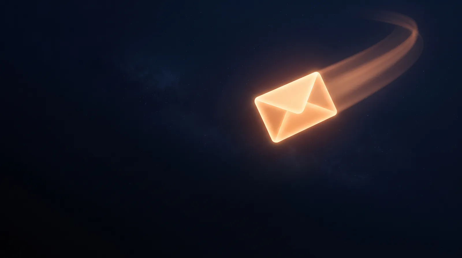 A glowing orange envelope-shaped light form travelling through a dark navy void