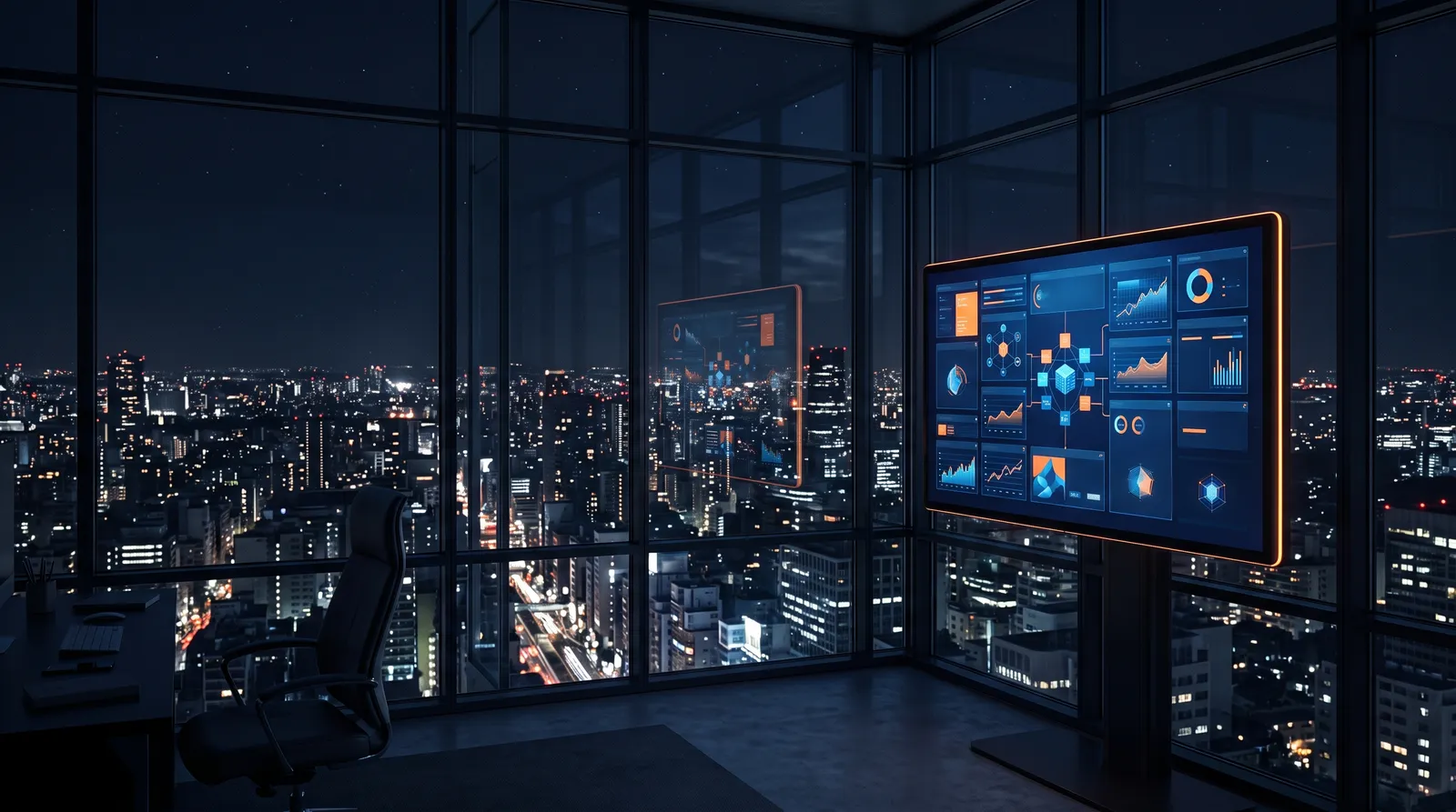 View through an office window at night with a screen showing dashboard panels and the city skyline beyond