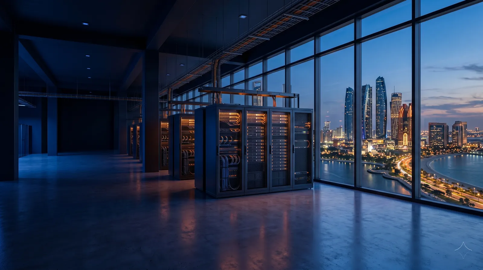 Data centre with the Abu Dhabi skyline at dusk