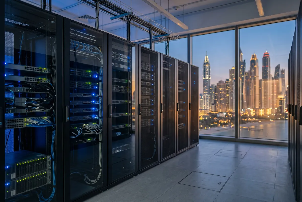 Server room overlooking the Dubai skyline