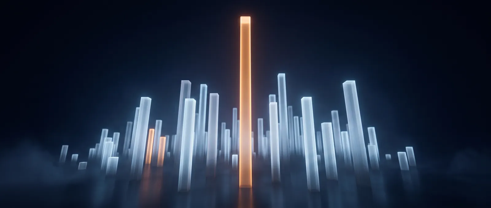 Glowing skyline of translucent light bars with one lit orange, in a dark navy void