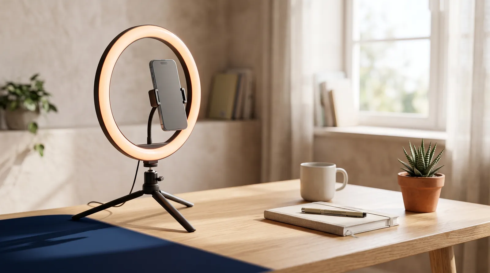Ring light and phone on tripod in a bright content-creation corner with a warm orange catch-light
