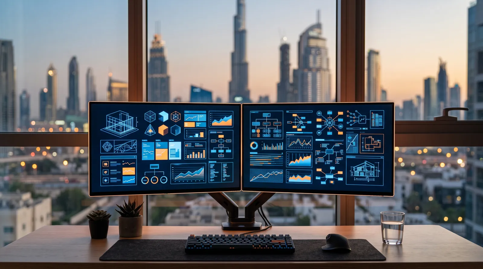 Engineering workstation with Dubai's skyline visible through the window