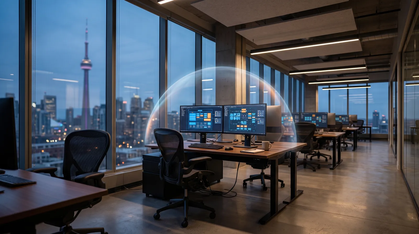 Engineering workstation with Toronto's skyline visible through the window