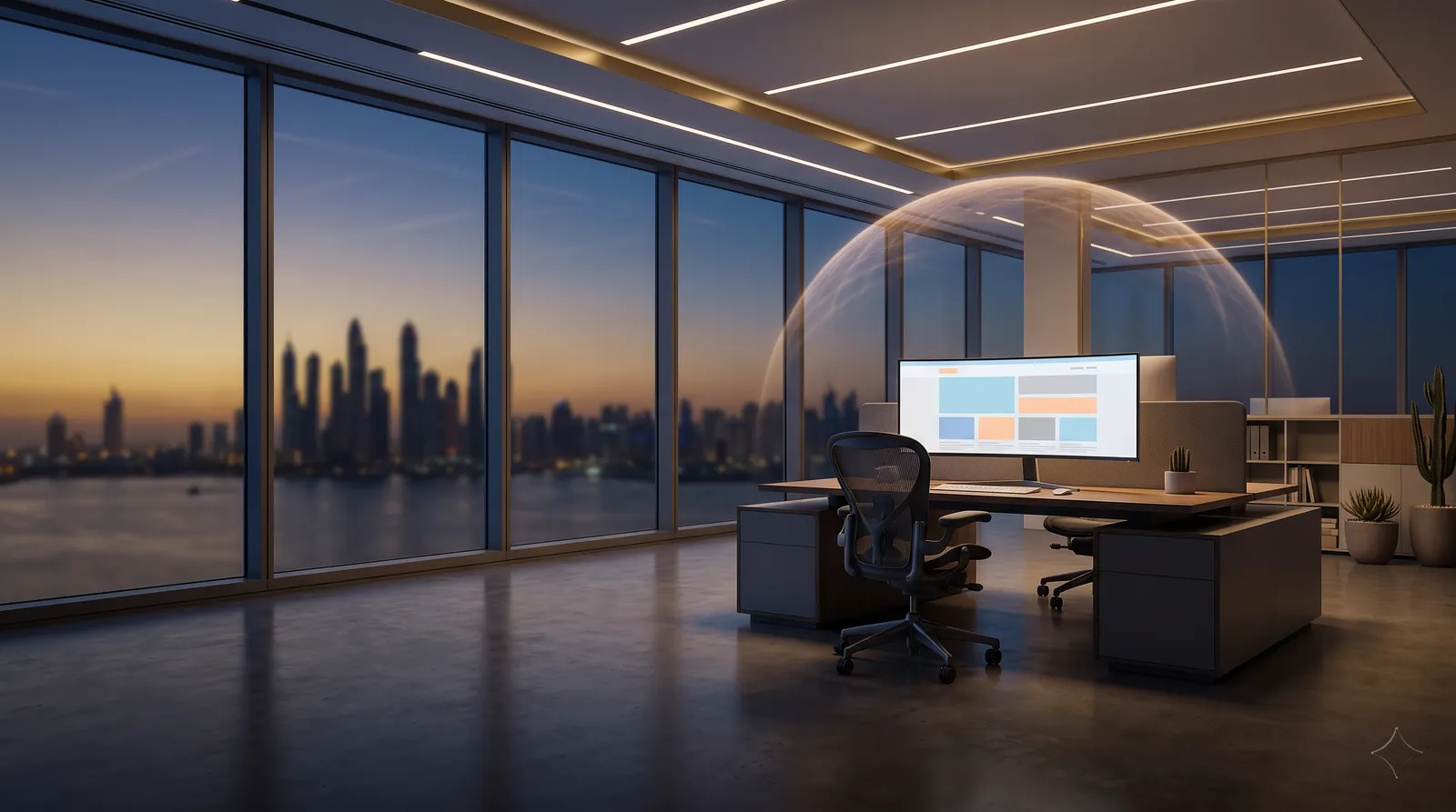 Office workstation with Abu Dhabi's skyline visible through the window at dusk