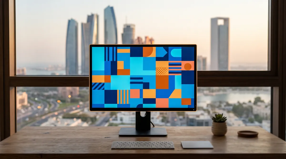 Monitor showing a website layout with Abu Dhabi's skyline blurred behind it