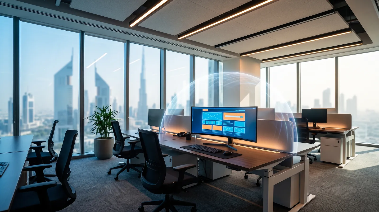 Bright office workstation with Dubai's skyline visible through the window
