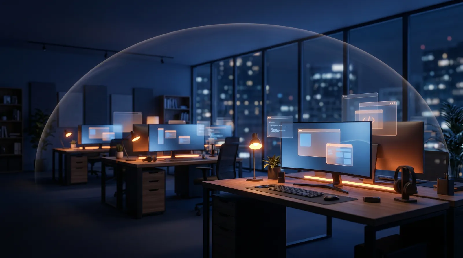 Modern web development workstation with dual monitors in a dark office